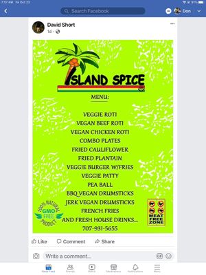 Menu  at Island Spice Vegan 707 in Hopland