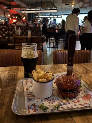 Black Heart stout, chips, Plant-Powered Patriot burger  at BrewDog - Canary Wharf in East London