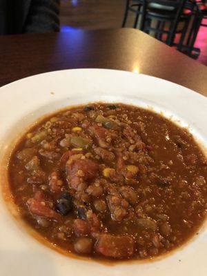 Homemade chili 🌶 lentils, TVP, corn, quinoa, beans... so yummy  at Brooksy's in Las Vegas