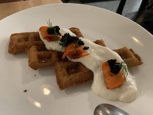 Savory waffles with vegan caviar and lox    at Bloom in Chicago