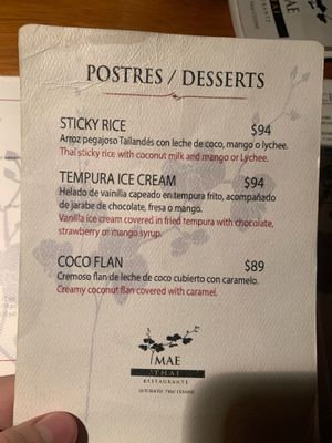 Menu at Mae Thai in Playa Del Carmen
