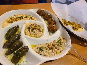 Mezze platter and pita at Falafel House in Roanoke