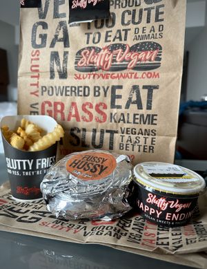 Fries, Fussy Hussy burger, and banana pudding   at Slutty Vegan - Edgewood in Atlanta