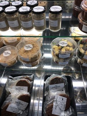 One part of the fridge section at Rudy's Vegan Butcher & Diner in North London