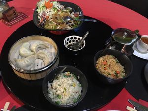 Our first visit: Vegetable Dumplings, Vegetable StirFry Chinese Style, Vegetable Fried Rice (one normal, one spicy). Jasmine tea. at Wan-Chai Chinese Restaurant in Paralimni