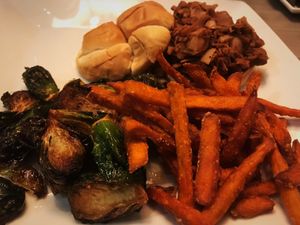 BBQ Jackfruit, Brussels sprouts, sweet potato fries at Initial Q in Spartanburg