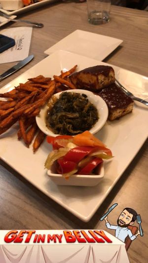 BBQ Tofu, greens (best I’ve ever had), pickled veggies, and sweet potato fries. at Initial Q in Spartanburg