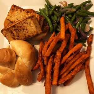 Smoked tofu, sweet potato fries, green beans  at Initial Q in Spartanburg