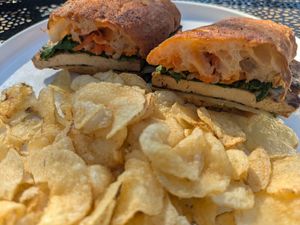 Tofu banh mi with chips at Melo Coffee & Kitchen in Rochester