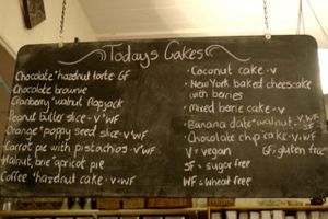 They always seem to have organic vegan cakes and cookies available. Everything is clearly marked too, with gluten-free, wheat-free options. at Hundred Monkeys Cafe in Glastonbury