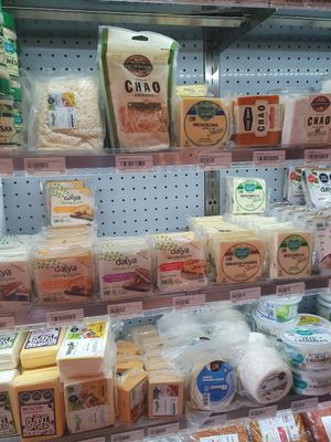 Several options of vegan cheeses at Gypsea Market in Tulum
