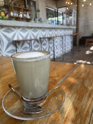Charcoal lavendar latte  at Gypsea Market in Tulum