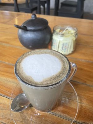 Charcoal lavender latte  at Gypsea Market in Tulum