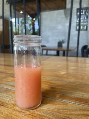 Complimentary watermelon juice shooter  at Gypsea Market in Tulum