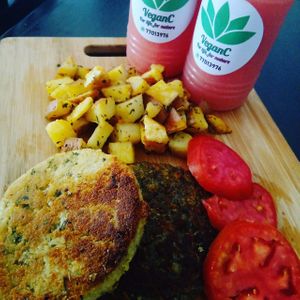 chickpea hamburger. at VeganC in Santa Cruz
