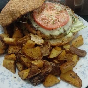 soybean hamburger. at VeganC in Santa Cruz