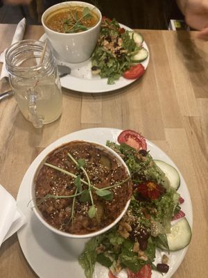 Vegan dinner options (beware - served hot!): Lentil Soup and Chili sin Carne  at K Fée Des Jeux in Grenoble