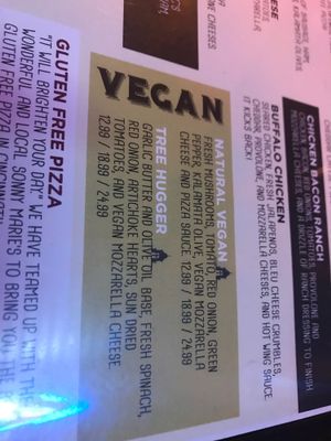 Vegan section on menu at Mac's Pizza Pub in Cincinnati