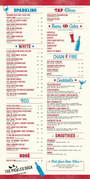 Drinks menu at The Pickled Duck in Modbury