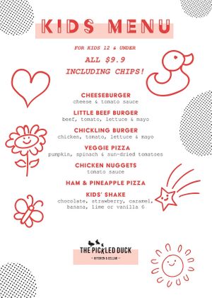 Kids menu at The Pickled Duck in Modbury