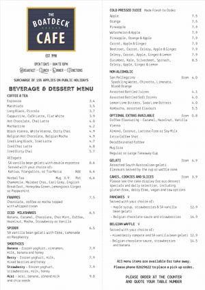 Beverage menu 1 at Boatdeck Cafe in Mawson Lakes