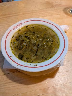 Soup of the day (cucumber soup): 2.5/5 No flavor and did not look good.
 at Pyra Bar in Poznan