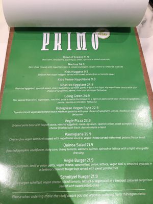 Vegan menu at Caffee Primo at Caffe Primo in Modbury