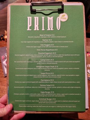 Menu vegan at Caffe Primo in Modbury