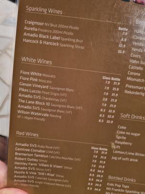 Vegan wines at Caffe Primo in Modbury