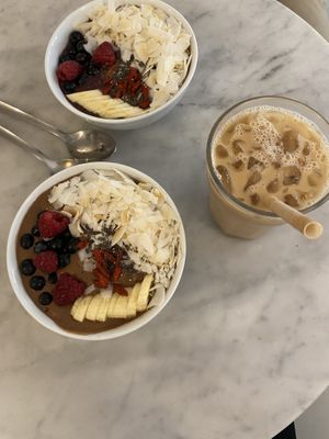 Açai and choco bowl with oat ice coffee   at Love Juice Bar - Grenelle in Paris