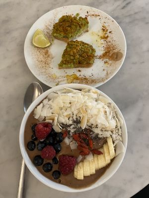 Avocado toast (already ate two slices) and choco bowl   at Love Juice Bar - Grenelle in Paris