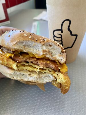 Spammy Bagel Breakfast Sammy with Omnipork and JustEgg yum at Nice Burger - Santa Ana in Santa Ana