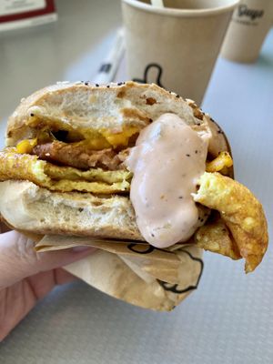 Spammy Bagel Breakfast Sammy is great with thousands island sauce at Nice Burger - Santa Ana in Santa Ana