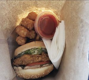 Spicy Chik’n sandwich, tater tots, and buffalo Sauce at Nice Burger - Santa Ana in Santa Ana
