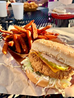 Spicy Chicken sandwich and sweet potato fries. #Veganuary at Nice Burger - Santa Ana in Santa Ana
