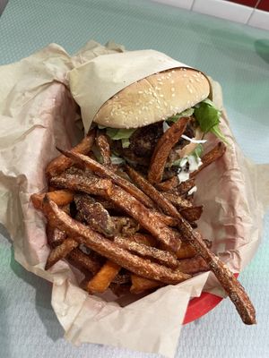 Big boy burger and sweet potato fries  at Nice Burger - Santa Ana in Santa Ana