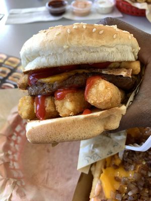 Close up of breakfast burgerr  at Nice Burger - Santa Ana in Santa Ana
