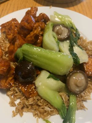 Mushroom Fries Rice with General Tao Tofu and Veggies at Silver Wok in Kingston