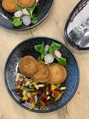 salty pancakes made from chickpea flour, with grilled vegetable mix / part of the breakfast menu at Forky's in Bratislava