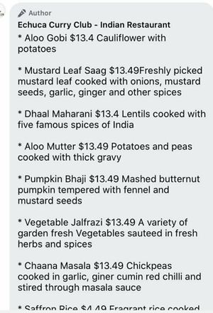 All the vegan menu options at Echuca Curry Club in Echuca