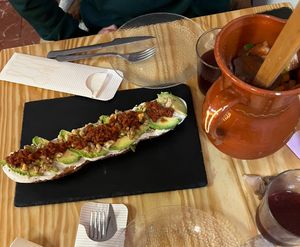 Mestiza tostas and jug of sangria  at Santa y Pura in Madrid