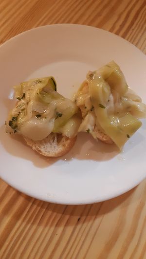 Free tapas, think it was pickled zucchini at Santa y Pura in Madrid