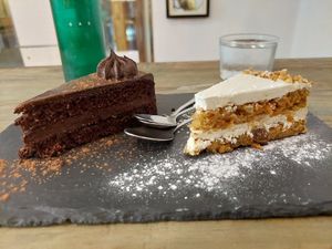 Cakes for dessert at Santa y Pura in Madrid