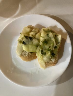 Delicious free leek toast  at Santa y Pura in Madrid
