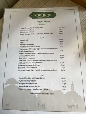 Vegan Menu 🌱   at The Lyndhurst Tea House in Lyndhurst
