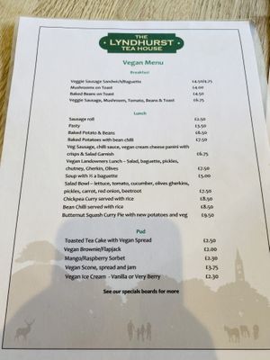 Vegan menu at The Lyndhurst Tea House in Lyndhurst