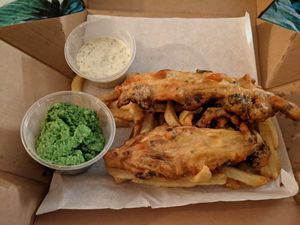 takeaway banana blossom fish and chips at Harp & Crown in Corsham