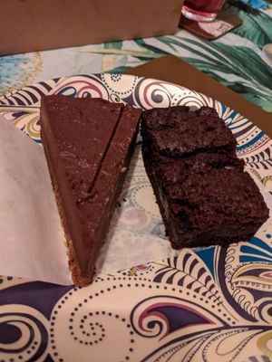 raw chocolate tart, chocolate brownie - takeaway edition at Harp & Crown in Corsham