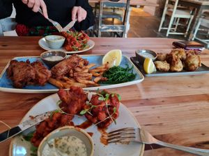 Cauli wings, artichoke scampi and banana blossom fish and chips at Harp & Crown in Corsham