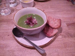 Pea & wild garlic soup with sourdough bread at Harp & Crown in Corsham